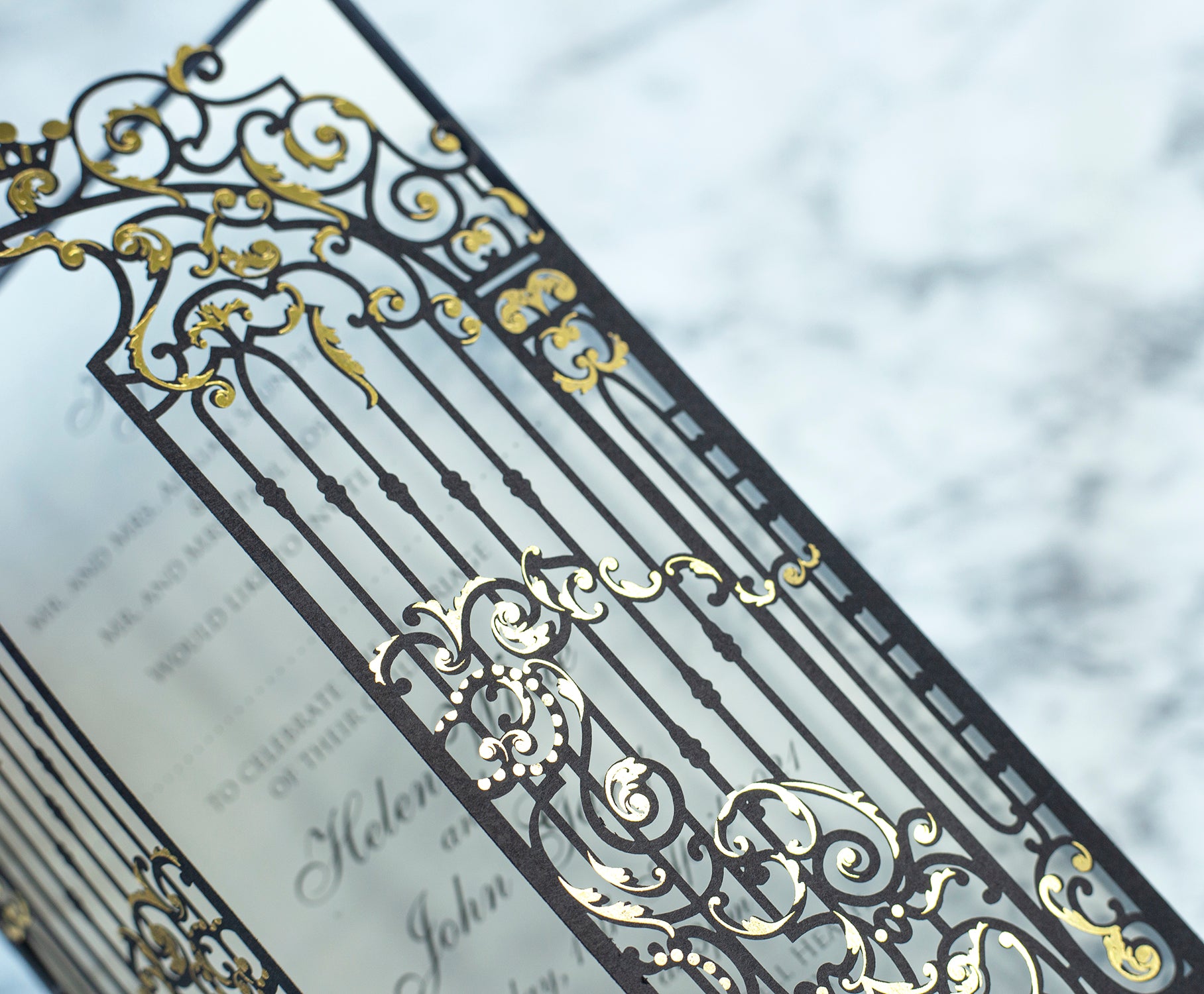 Personalised Elegant Black Monogram Ornamental Gatefold Laser Cut Wedding Day Invitation with Gold Foil