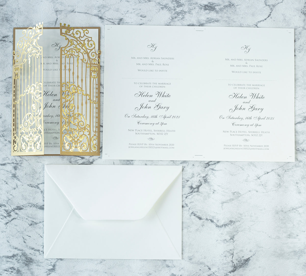 Elegant Black Monogram Ornamental Gatefold Laser Cut Wedding Day Invitation with Gold Foil
