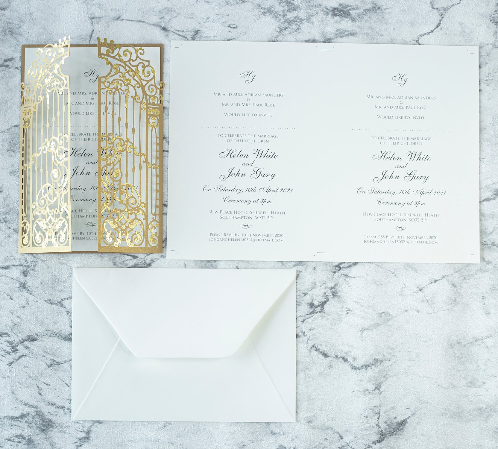 Elegant Black Monogram Ornamental Gatefold Laser Cut Wedding Day Invitation with Gold Foil