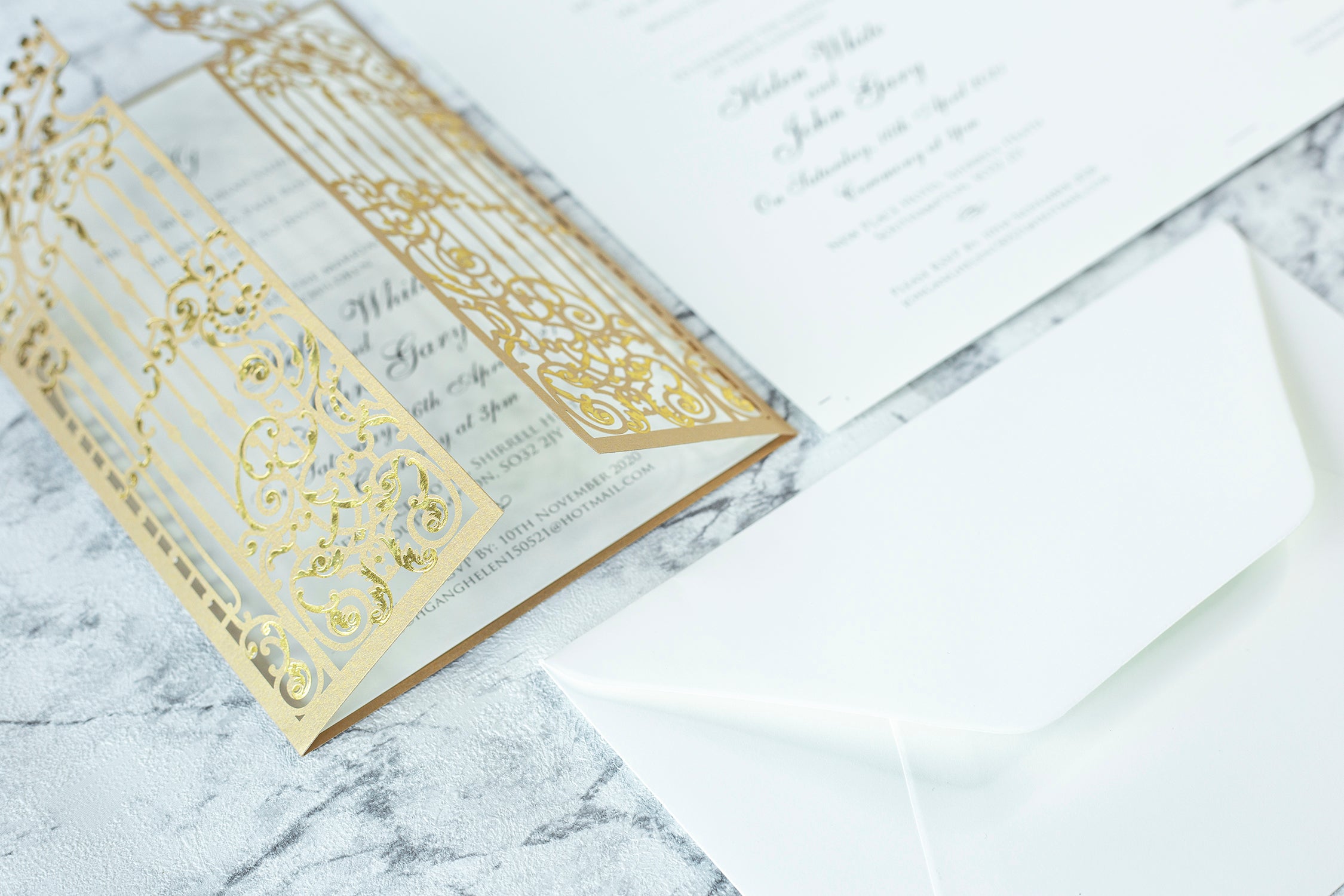Elegant Gold Monogram Ornamental Gatefold Laser Cut Wedding Day Invitations with Gold Foil