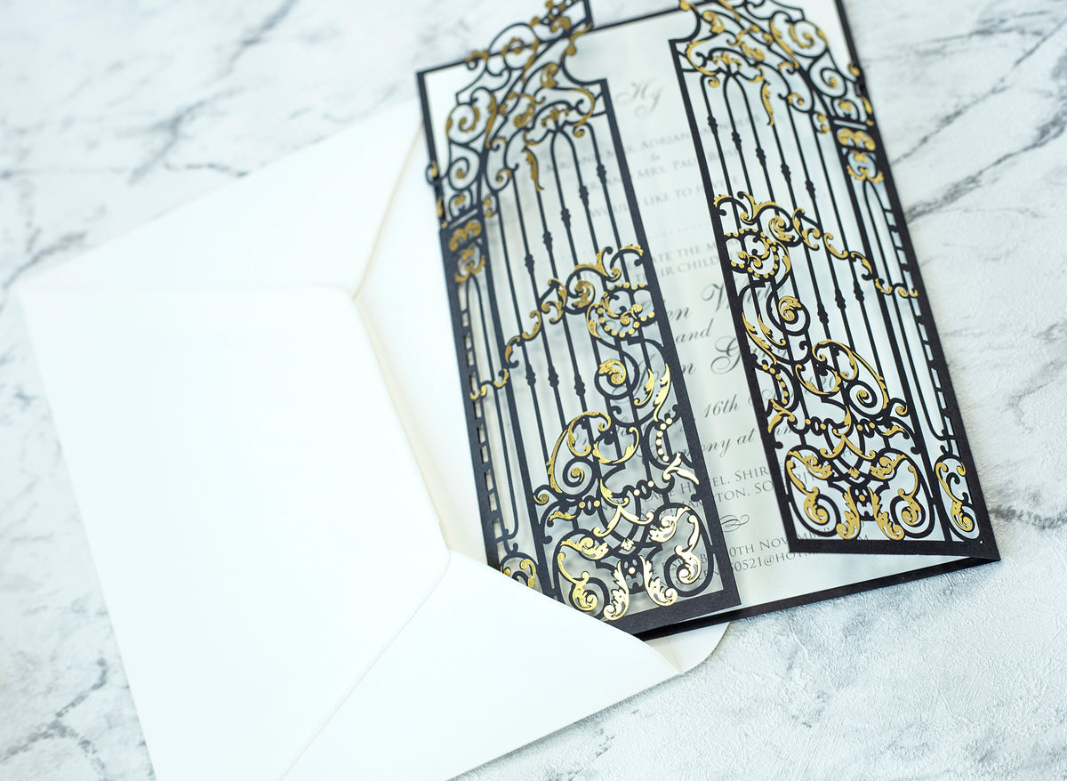 Elegant Black Monogram Ornamental Gatefold Laser Cut Wedding Day Invitation with Gold Foil