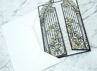 Elegant Black Monogram Ornamental Gatefold Laser Cut Wedding Day Invitation with Gold Foil