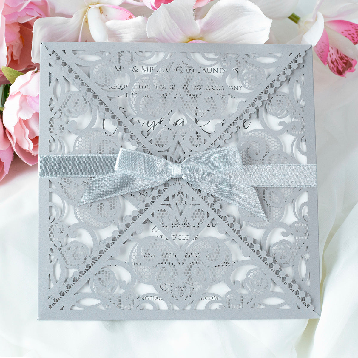 DIY Invitations Wedding Invitation Cards Laser Cut with Cream Lace + Envelope Elegant Gray Satin Ribbon Wedding Invitations Birthday