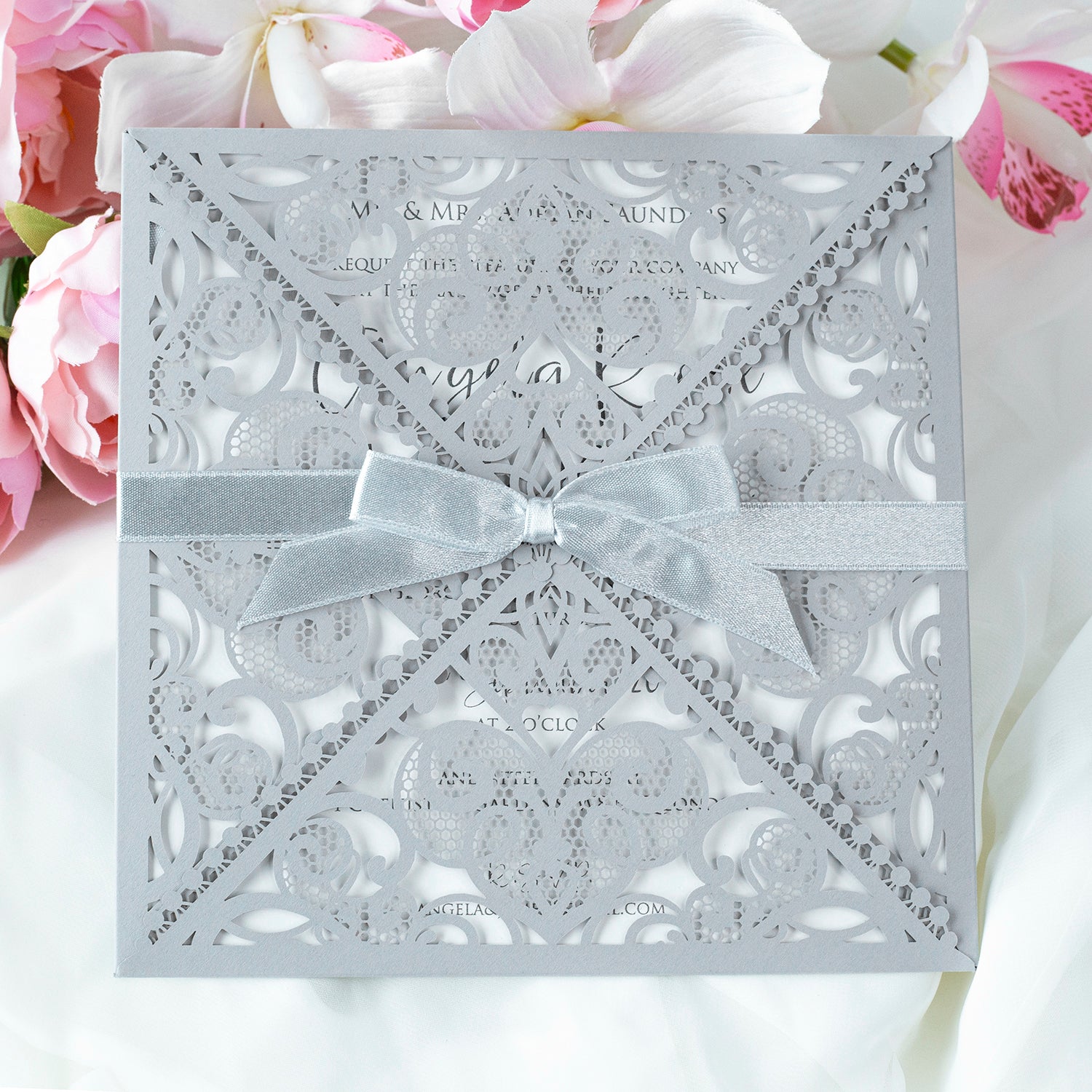 DIY Invitations Wedding Invitation Cards Laser Cut with Cream Lace + Envelope Elegant Gray Satin Ribbon Wedding Invitations Birthday