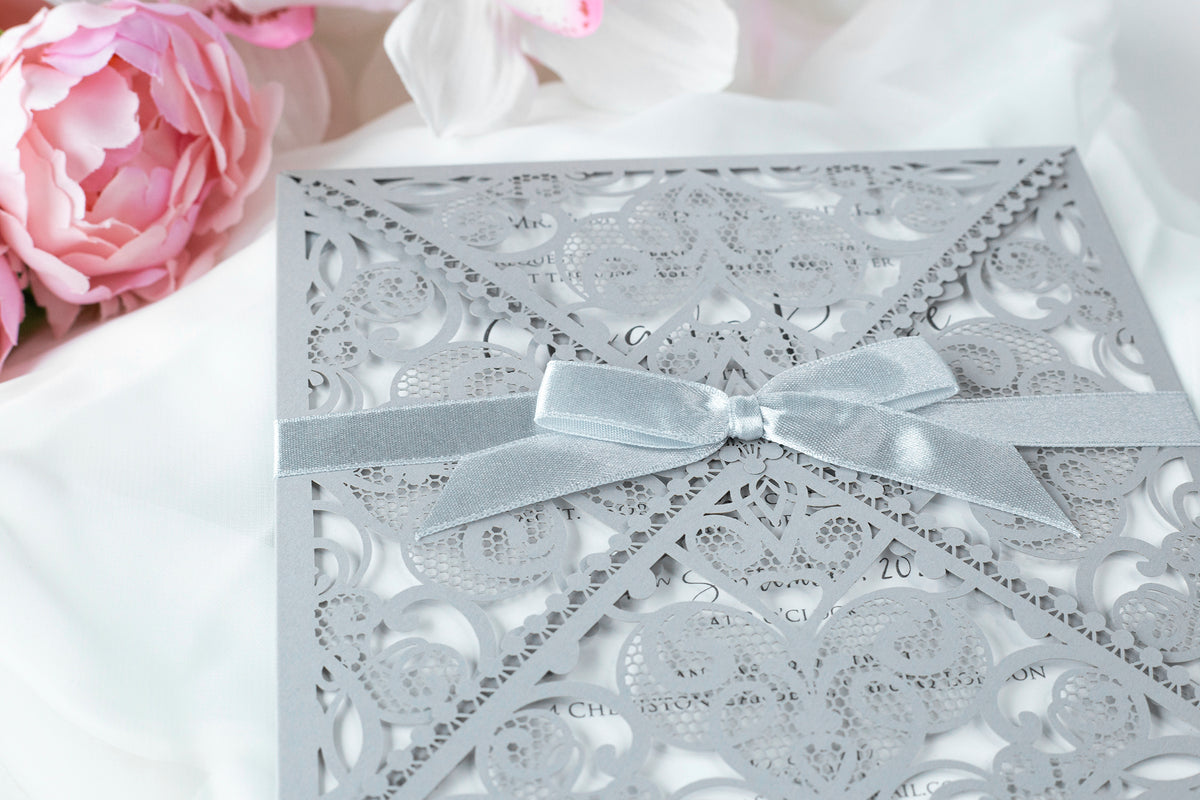 DIY Invitations Wedding Invitation Cards Laser Cut with Cream Lace + Envelope Elegant Gray Satin Ribbon Wedding Invitations Birthday