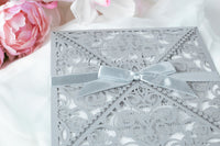 DIY Invitations Wedding Invitation Cards Laser Cut with Cream Lace + Envelope Elegant Gray Satin Ribbon Wedding Invitations Birthday