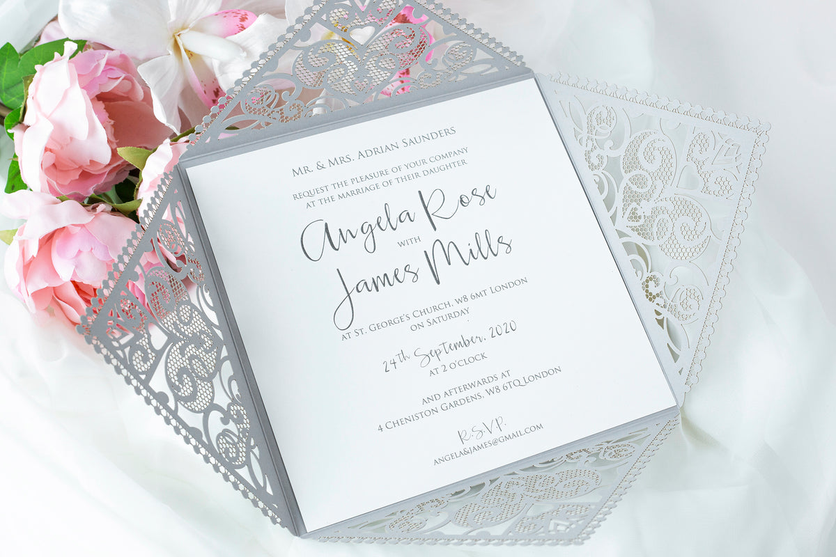 DIY Invitations Wedding Invitation Cards Laser Cut with Cream Lace + Envelope Elegant Gray Satin Ribbon Wedding Invitations Birthday
