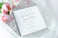 DIY Invitations Wedding Invitation Cards Laser Cut with Cream Lace + Envelope Elegant Gray Satin Ribbon Wedding Invitations Birthday