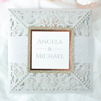 Light Grey Square Laser Cut Wedding Invitations with Cream Insert and Rose Gold Glitter