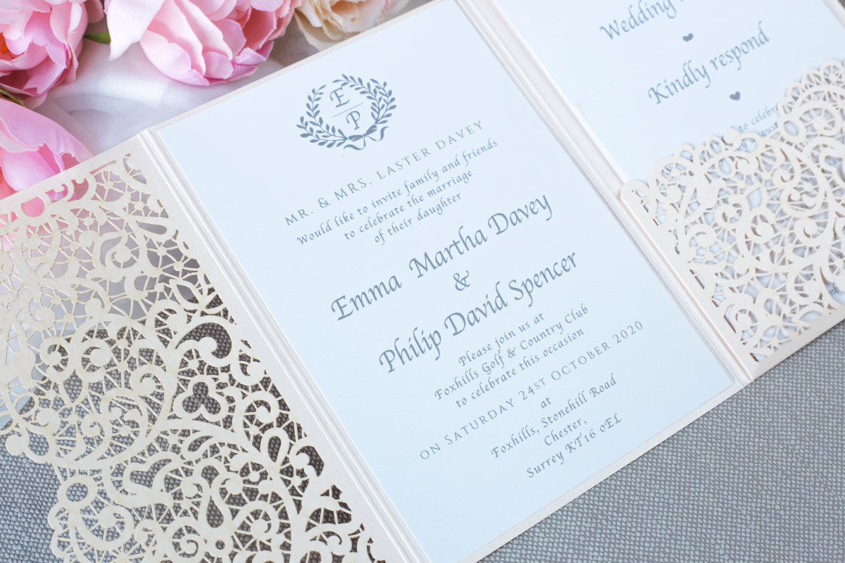 Peach Pocketfold Lace Floral Wedding Invitations