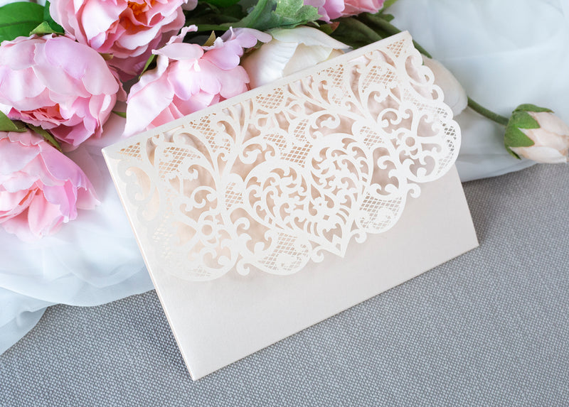 Peach Pocketfold Elegant Lace Floral Wedding Invitations