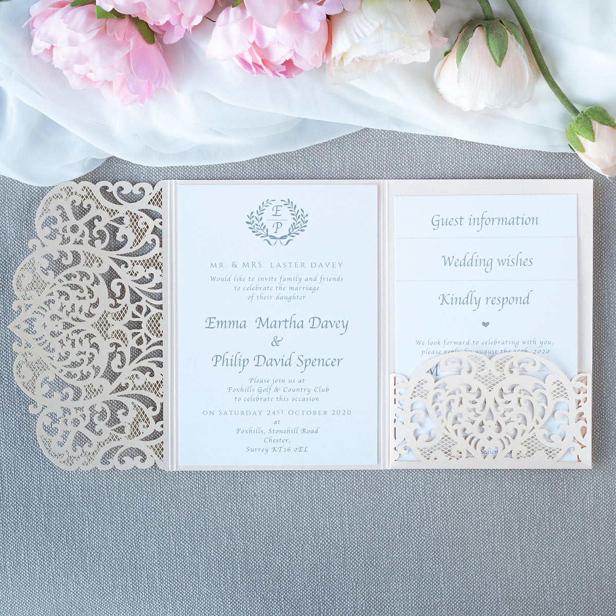 Peach Pocketfold Elegant Lace Floral Wedding Invitations