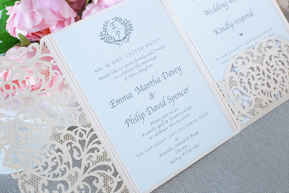 Peach Pocketfold Elegant Lace Floral Wedding Invitations