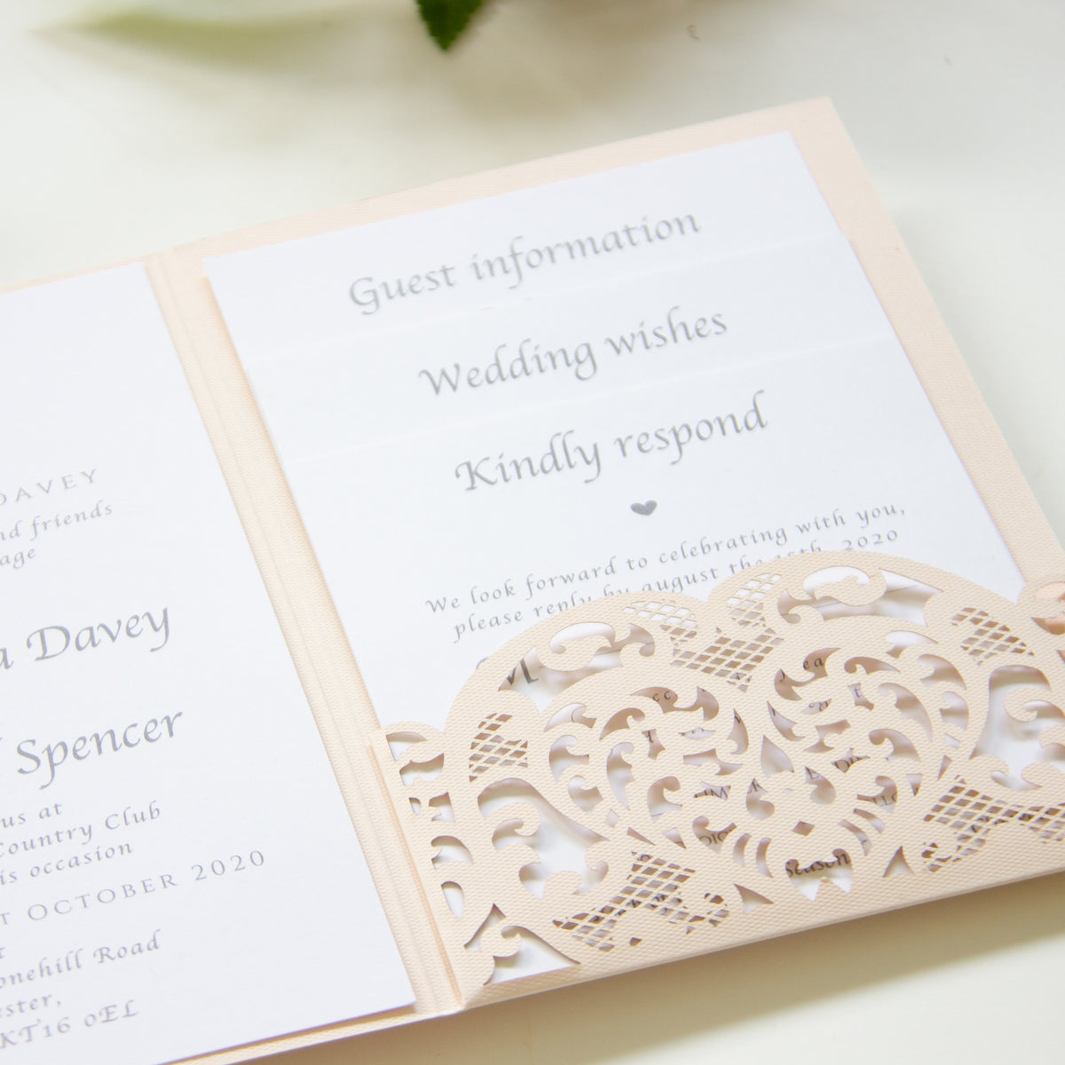 Peach Pocketfold Elegant Lace Floral Wedding Invitations