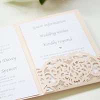 Peach Pocketfold Elegant Lace Floral Wedding Invitations