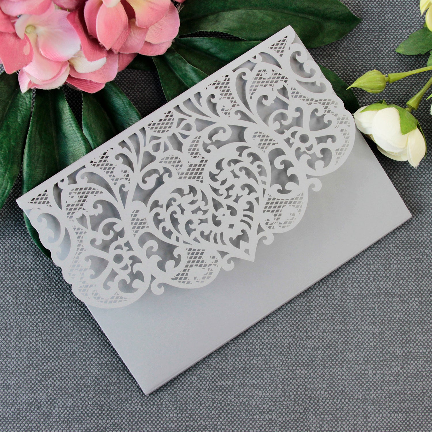 Grey Pocketfold Elegant Lace Floral Wedding Invitations