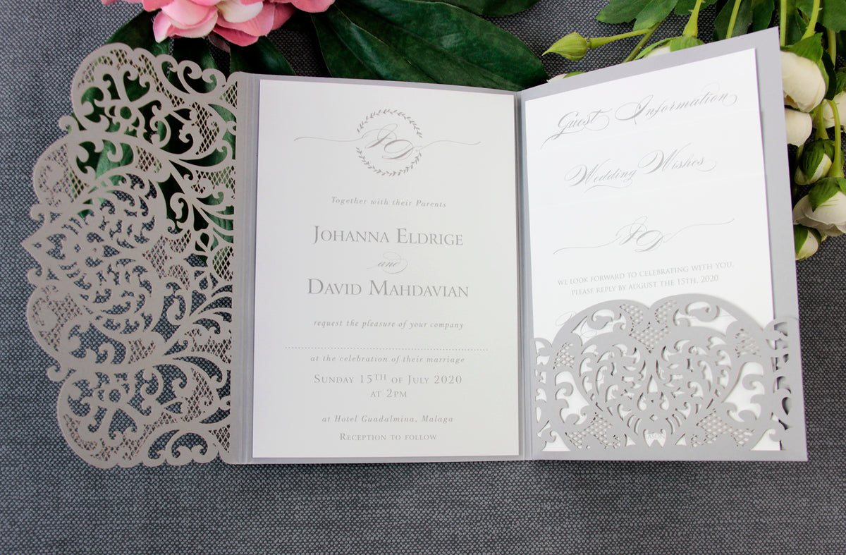 Grey Pocketfold Elegant Lace Floral Wedding Invitations