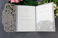 Grey Pocketfold Elegant Lace Floral Wedding Invitations
