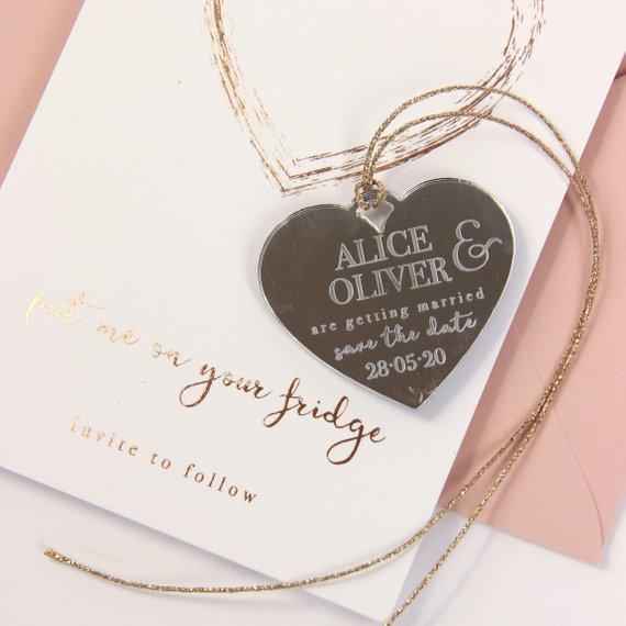Save the Date Magnet Rose Gold Foil Heart Pressed Design Mirror Heart Engraved