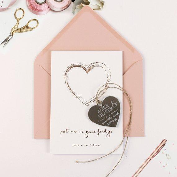 Save the Date Magnet Rose Gold Foil Heart Pressed Design Mirror Heart Engraved