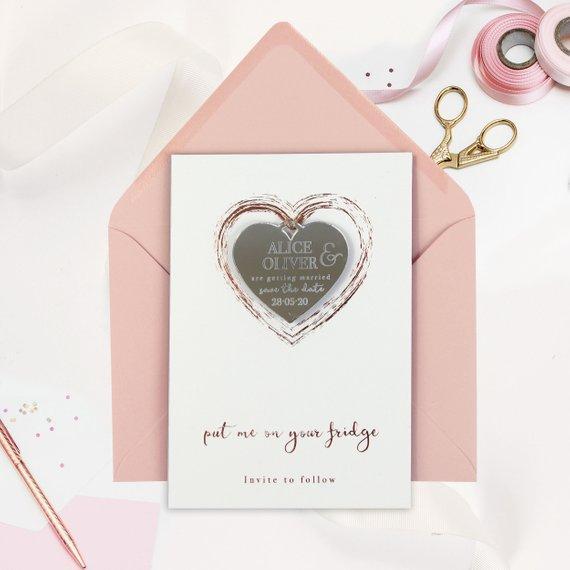 Save the Date Magnet Rose Gold Foil Heart Pressed Design Mirror Heart Engraved