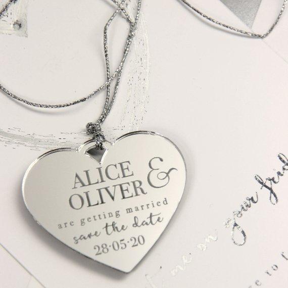 Save the Date Magnet Silver Foil Heart Pressed Design Mirror Heart Engraved