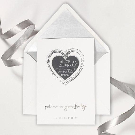 Save the Date Magnet Silver Foil Heart Pressed Design Mirror Heart Engraved