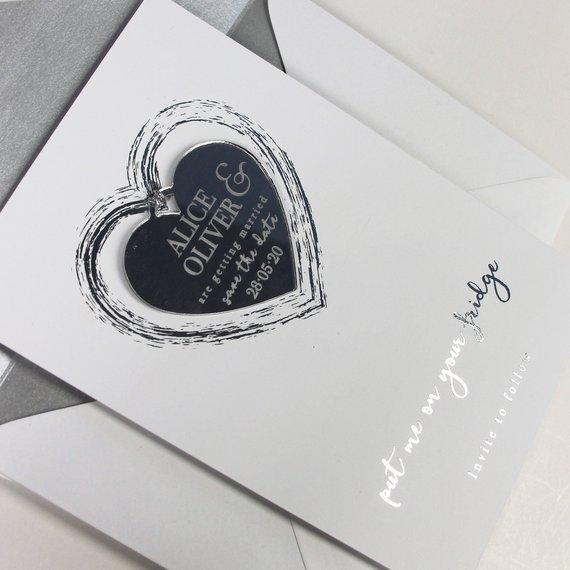Save the Date Magnet Silver Foil Heart Pressed Design Mirror Heart Engraved
