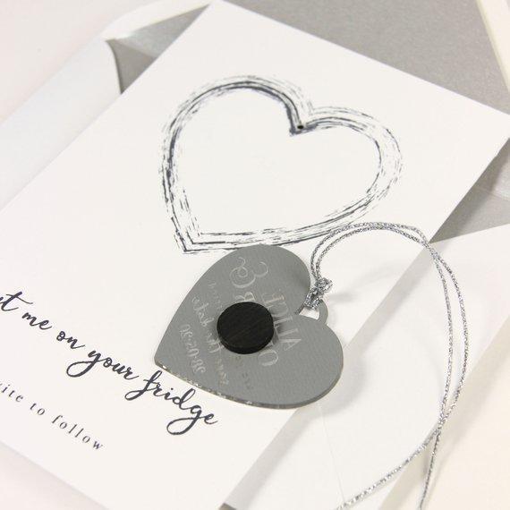 Save the Date Magnet Silver Foil Heart Pressed Design Mirror Heart Engraved