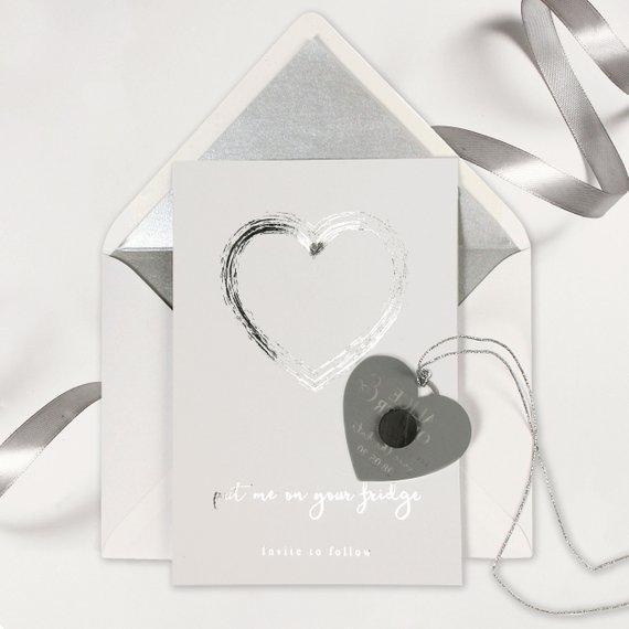 Save the Date Magnet Silver Foil Heart Pressed Design Mirror Heart Engraved