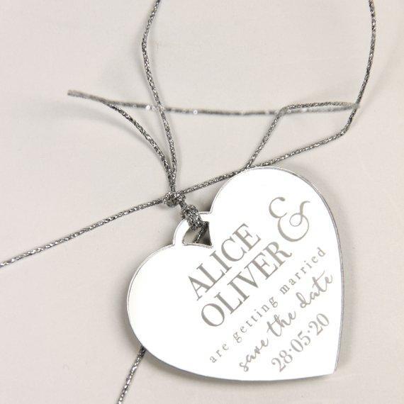 Save the Date Magnet Silver Foil Heart Pressed Design Mirror Heart Engraved