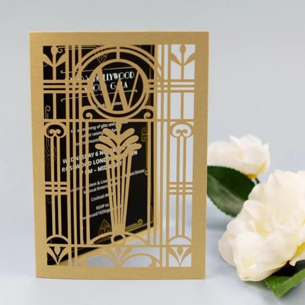 Golden Art Deco Great Gatsby Laser Cut Gatefold Wedding Evening Invitation