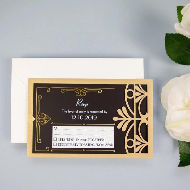 Golden Art Deco Great Gatsby Laser Cut Gatefold Wedding RSVP/Save the Date /Thank You Card