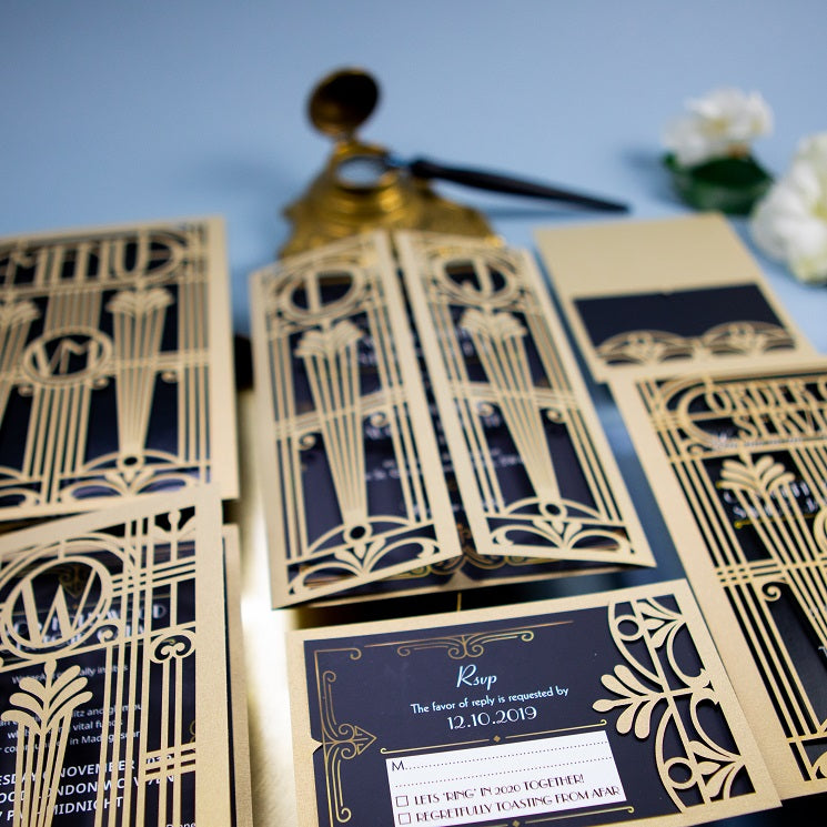 Golden Art Deco Great Gatsby Laser Cut Gatefold Wedding RSVP/Save the Date /Thank You Card