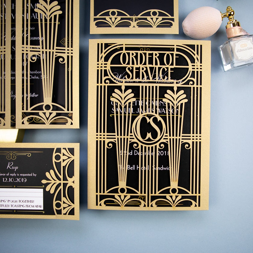 Golden Art Deco Great Gatsby Laser Cut Gatefold Order of Service