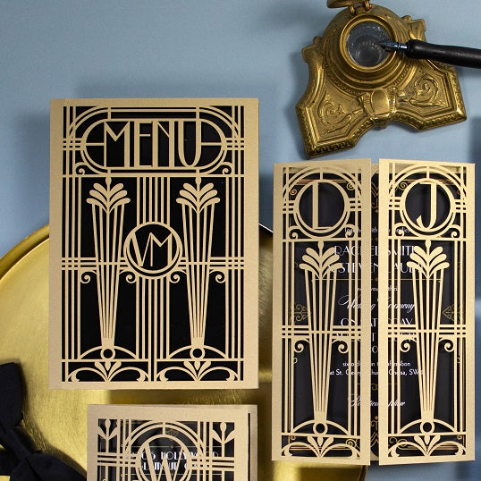 Golden Art Deco Great Gatsby Laser Cut Gatefold Menu