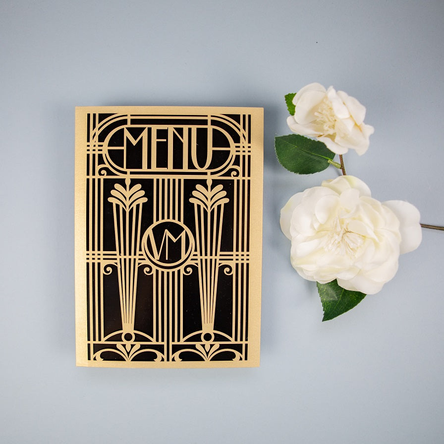 Golden Art Deco Great Gatsby Laser Cut Gatefold Menu