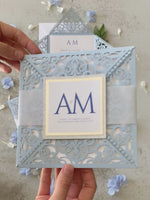 Blue Square Wedding Invitations with White Insert and Silver Glitter