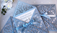 DIY Invitations Wedding Invitation Cards Laser Cut with Cream Lace + Envelope Elegant Blue Satin Ribbon Wedding Invitations Birthday