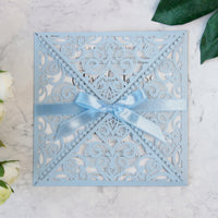 DIY Invitations Wedding Invitation Cards Laser Cut with Cream Lace + Envelope Elegant Blue Satin Ribbon Wedding Invitations Birthday