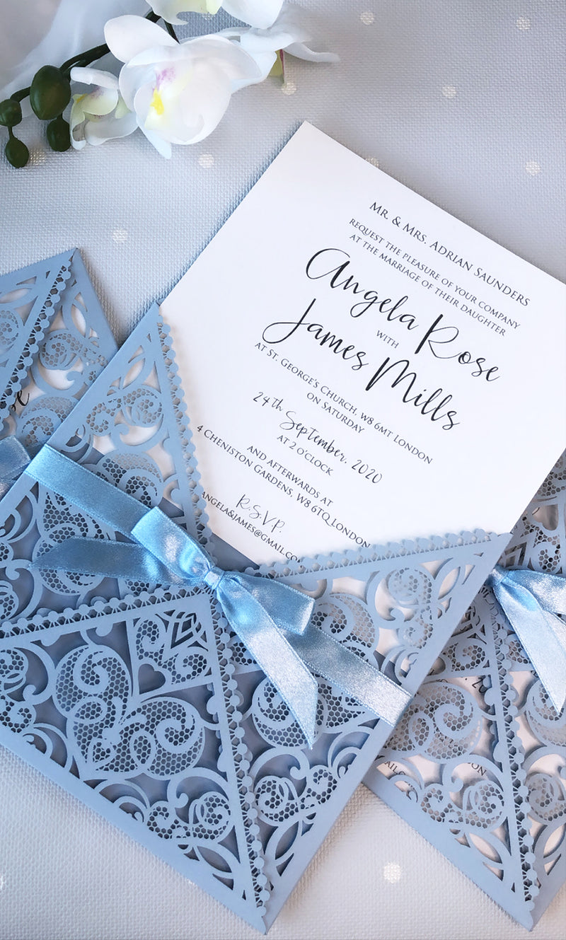 DIY Invitations Wedding Invitation Cards Laser Cut with Cream Lace + Envelope Elegant Blue Satin Ribbon Wedding Invitations Birthday