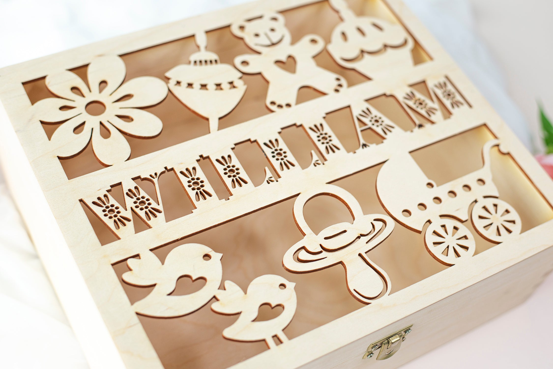 Personalized Baby Wooden Keepsake Reminder Box - Laser Cut  Memory Box Gift for a Child - Baby Shower, First Year, Birthday, Baptism