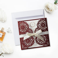 Elegant Burgundy Wedding Invitations - Laser cut Floral Invitation with Cream Insert