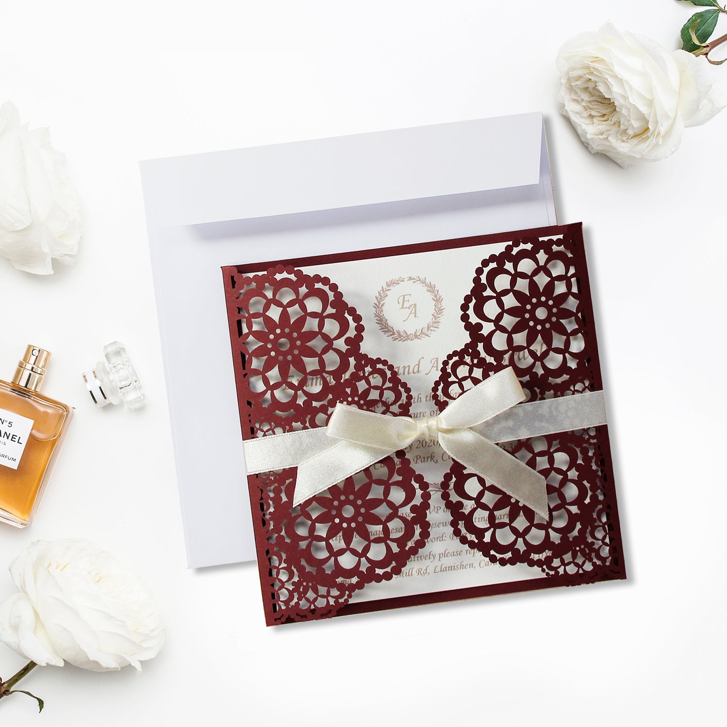 Elegant Burgundy Wedding Invitations - Laser cut Floral Invitation with Cream Insert