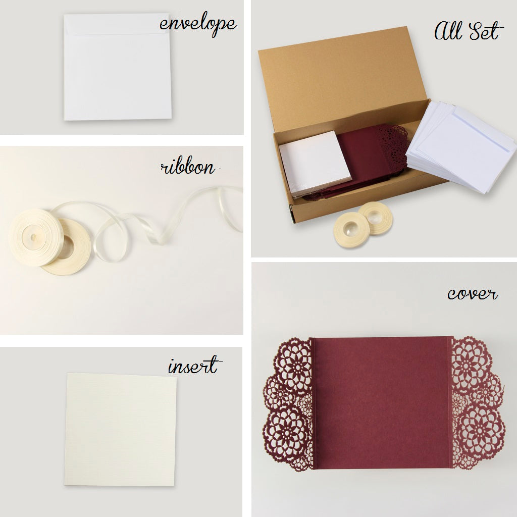 Elegant Burgundy Wedding Invitations - Laser cut Floral Invitation with Cream Insert
