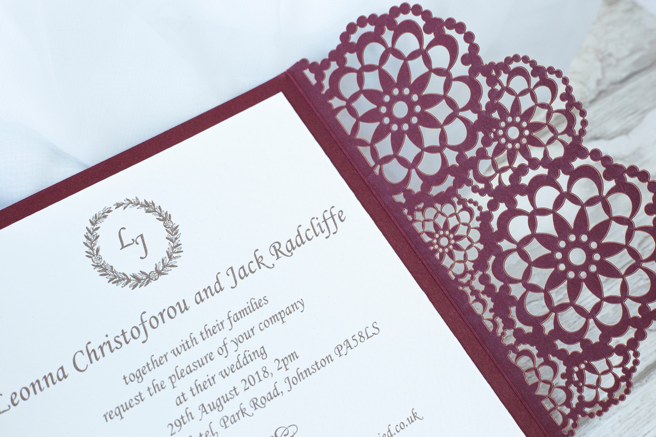 Elegant Burgundy Wedding Invitations - Laser cut Floral Invitation with Cream Insert