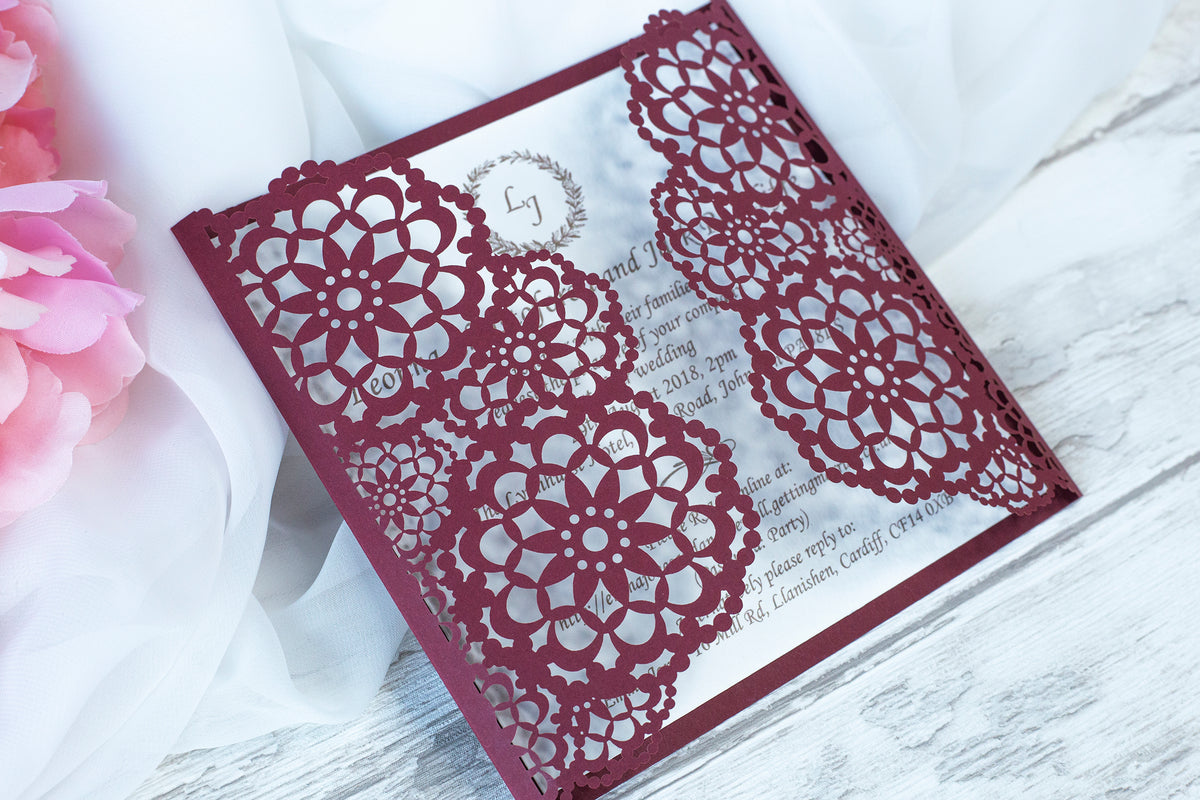 Elegant Burgundy Wedding Invitations - Laser cut Floral Invitation with Cream Insert