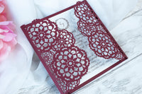 Elegant Burgundy Wedding Invitations - Laser cut Floral Invitation with Cream Insert