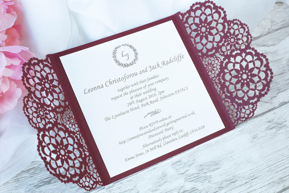 Elegant Burgundy Wedding Invitations - Laser cut Floral Invitation with Cream Insert