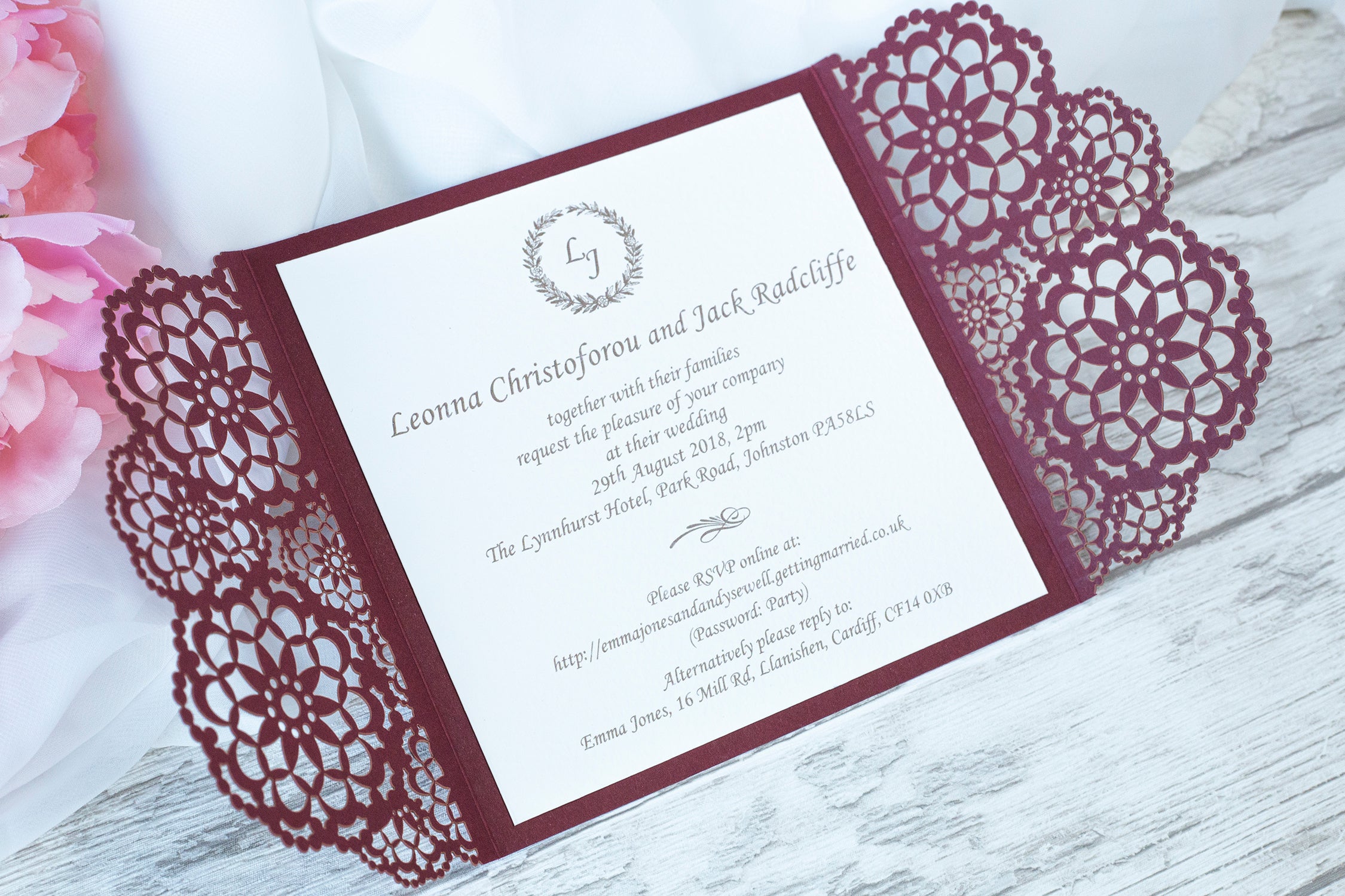 Elegant Burgundy Wedding Invitations - Laser cut Floral Invitation with Cream Insert